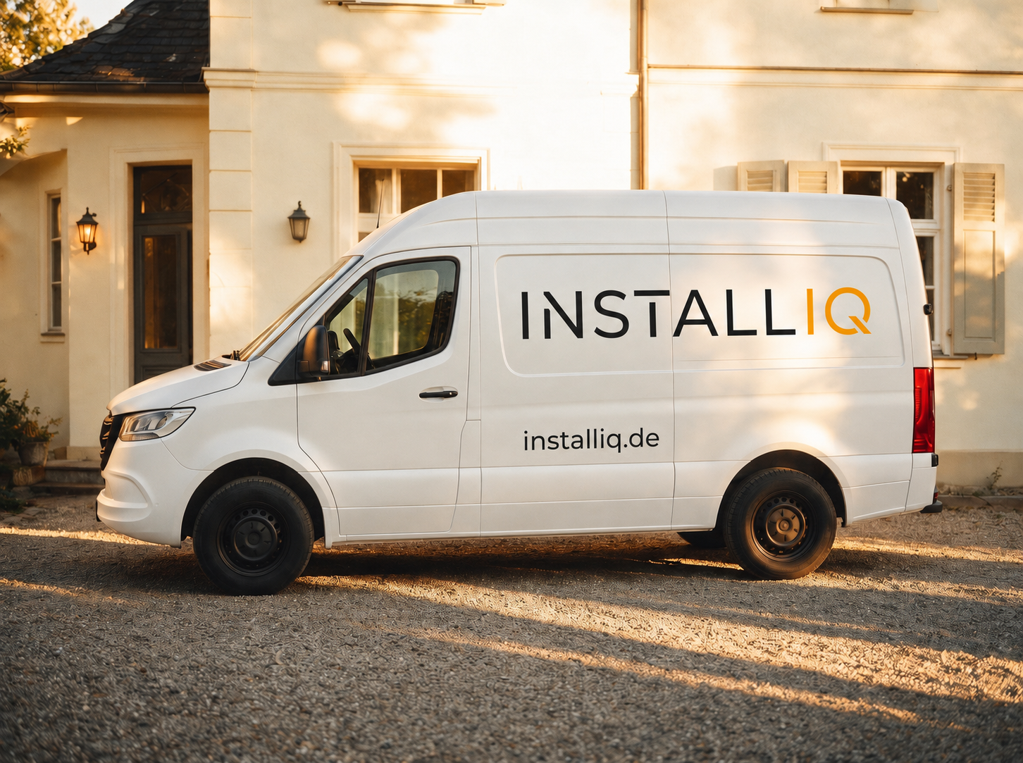 Weißer InstallIQ-Sprinter (installiq.de) vor einem Wohnhaus im Abendlicht